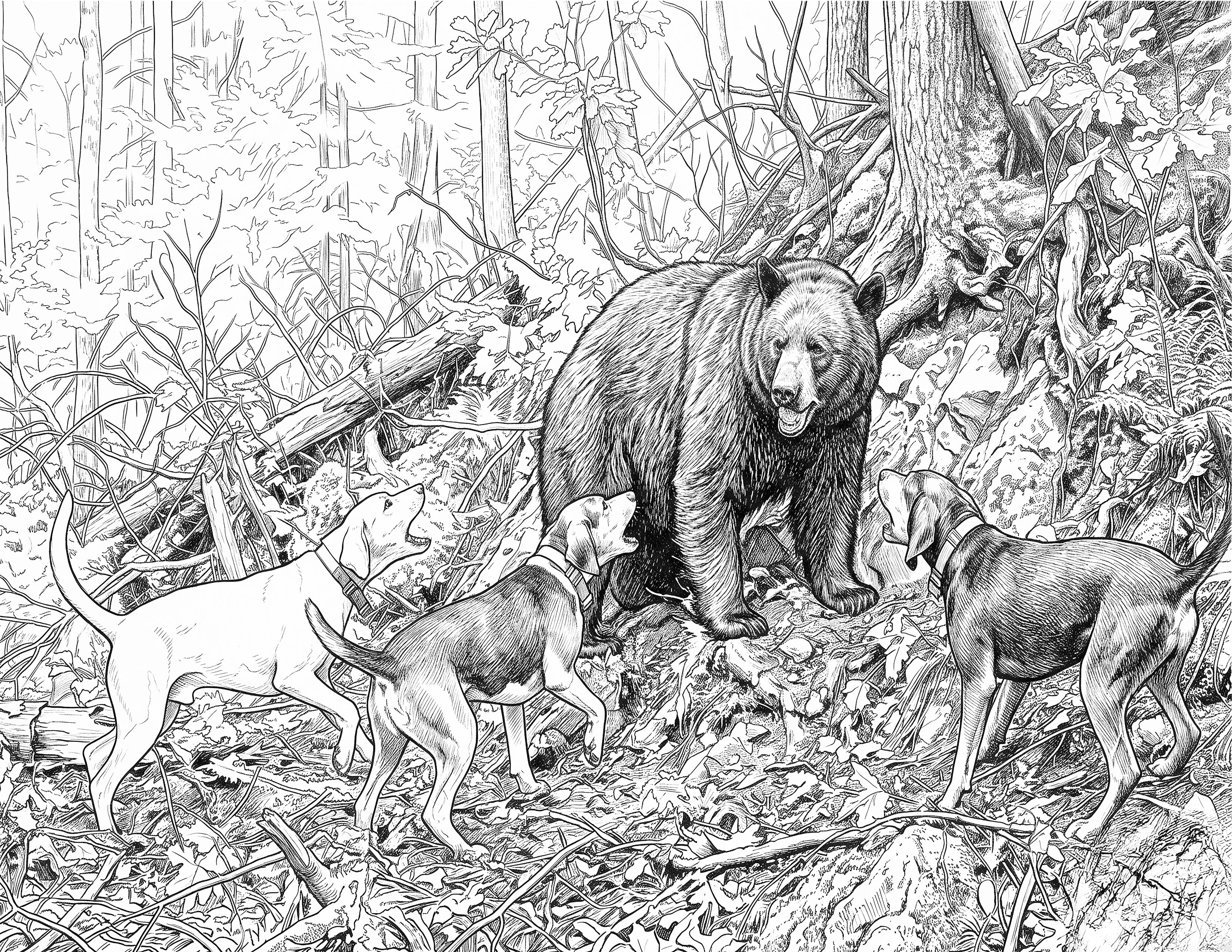 Hounds & Black Bear Single Coloring Page Instant Digital Download