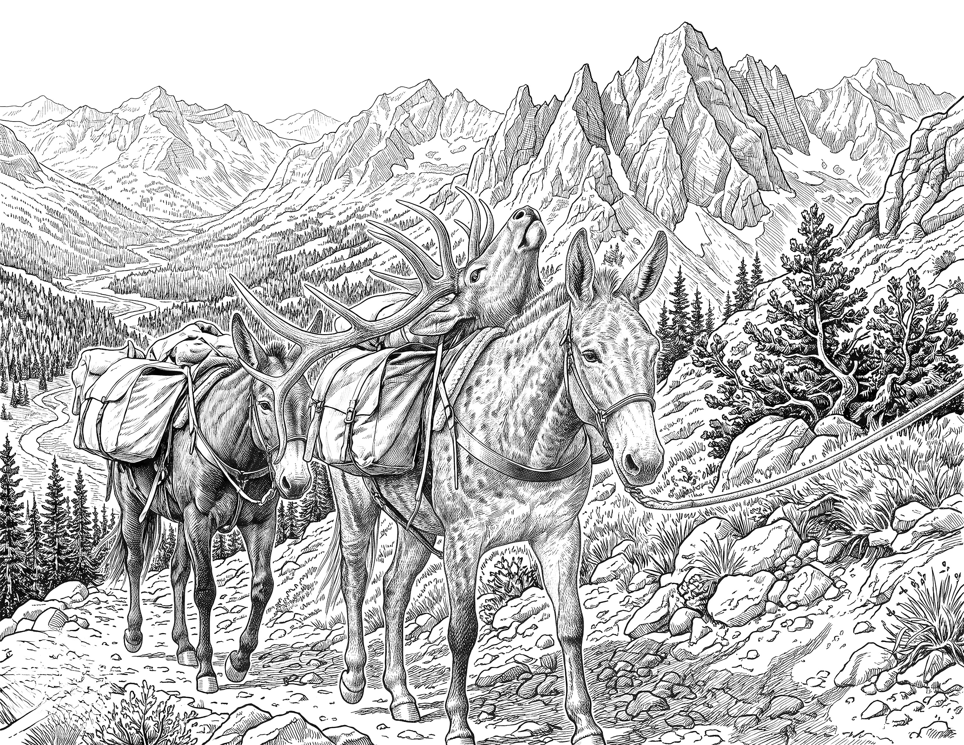 Bull Elk Packout Single Coloring Page Instant Digital Download
