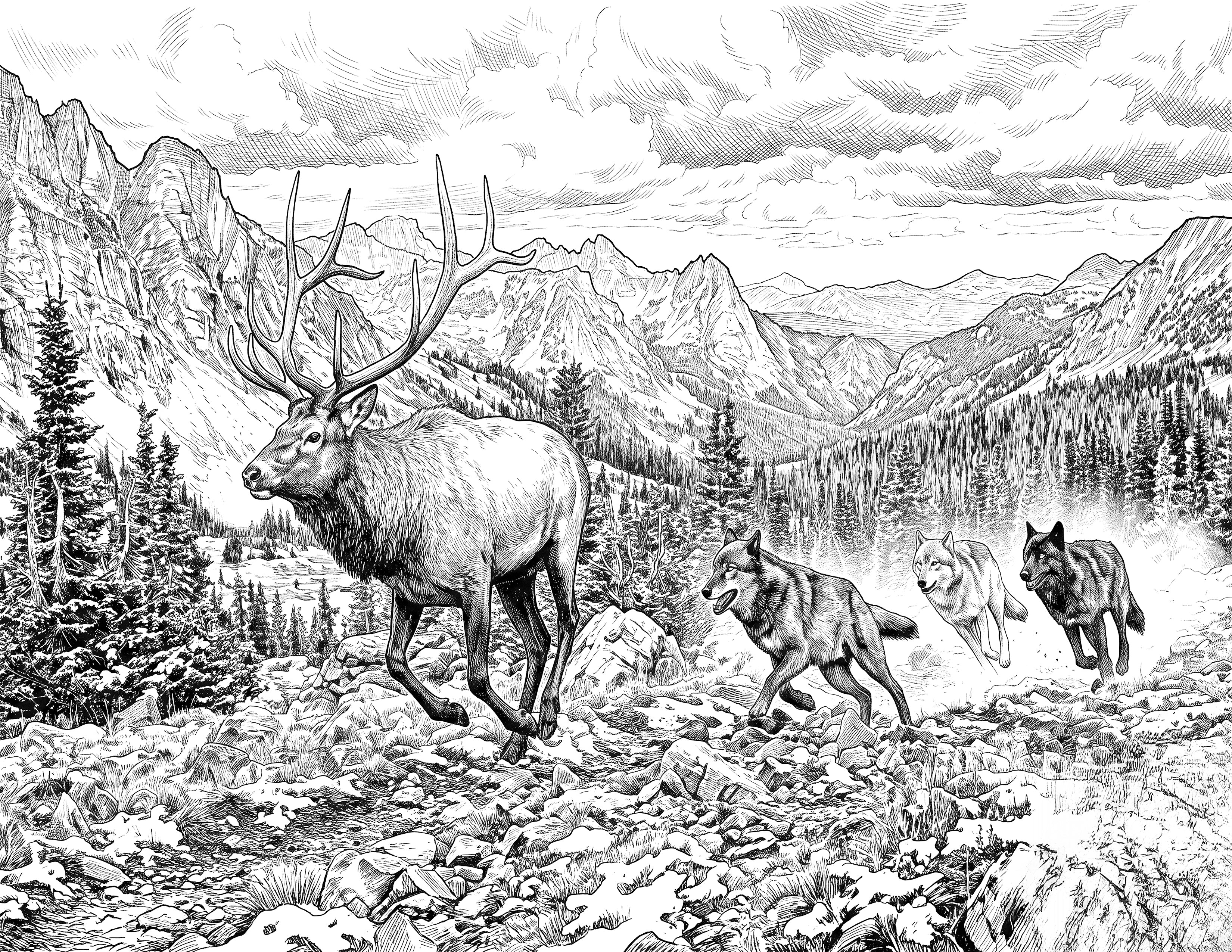 Wolves & Bull Elk Single Coloring Page Instant Digital Download