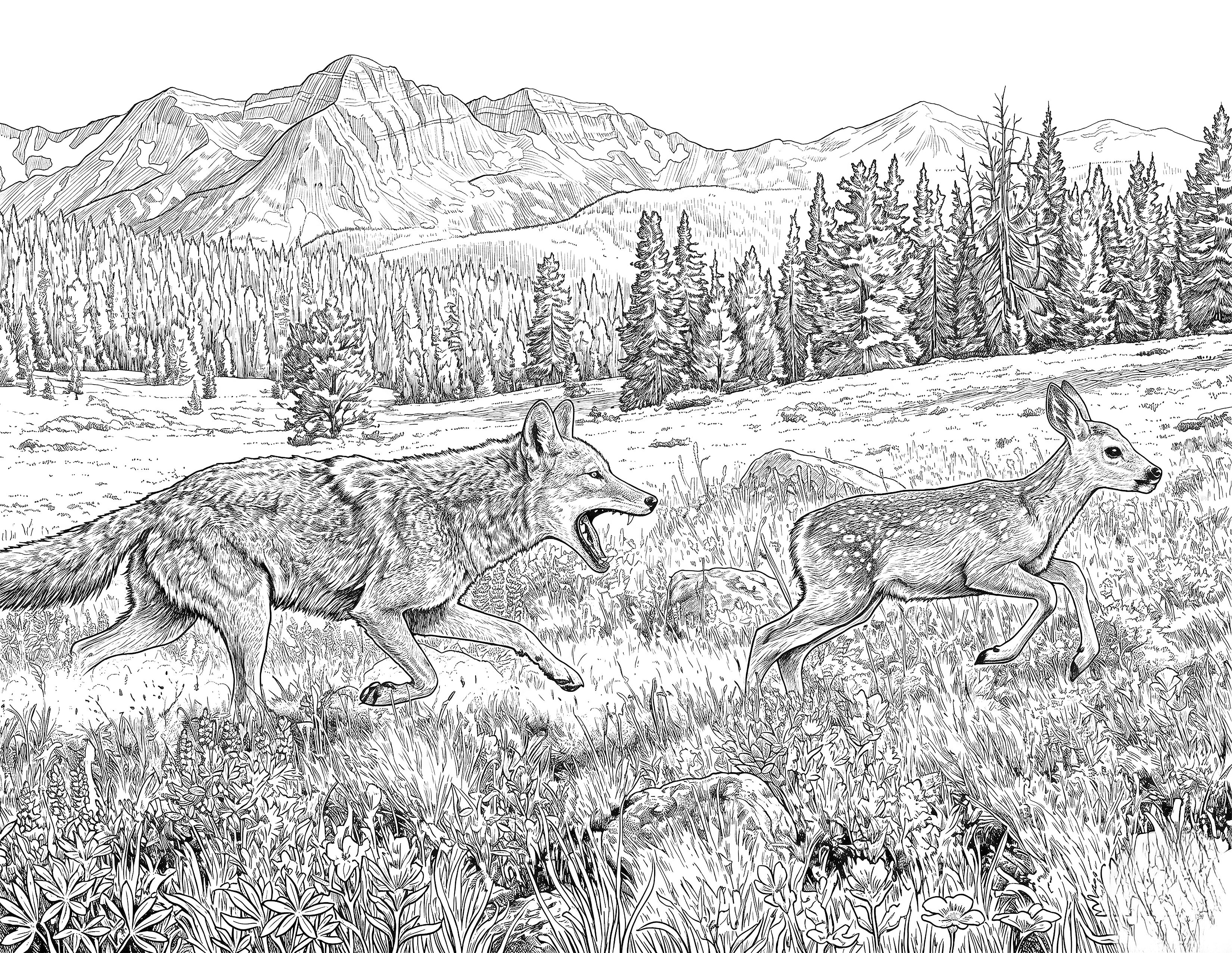 Coyote & Deer Fawn Single Coloring Page Instant Digital Download