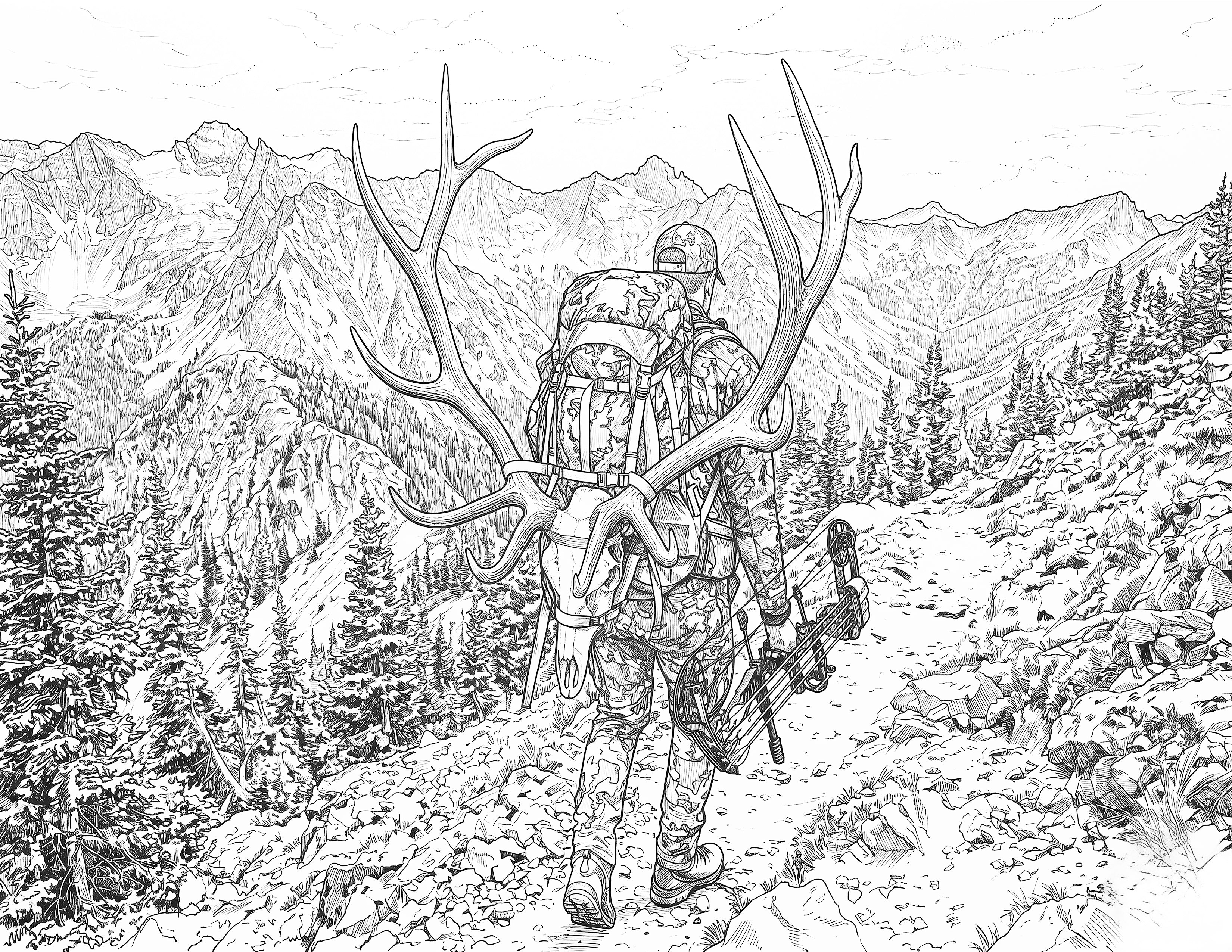 Elk Hunting Single Coloring Page Instant Digital Download