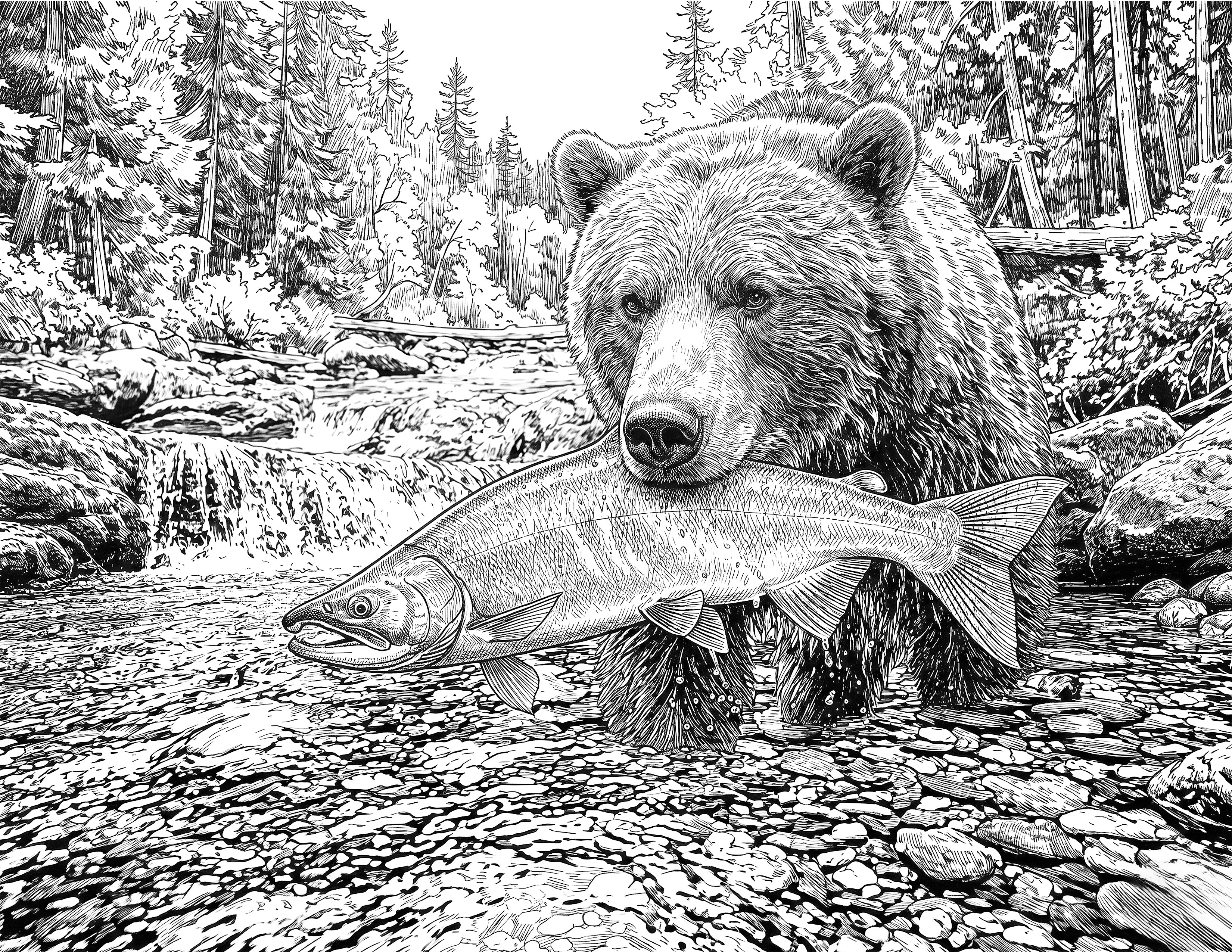 Grizzly Bear Fishing Single Coloring Page Instant Digital Download