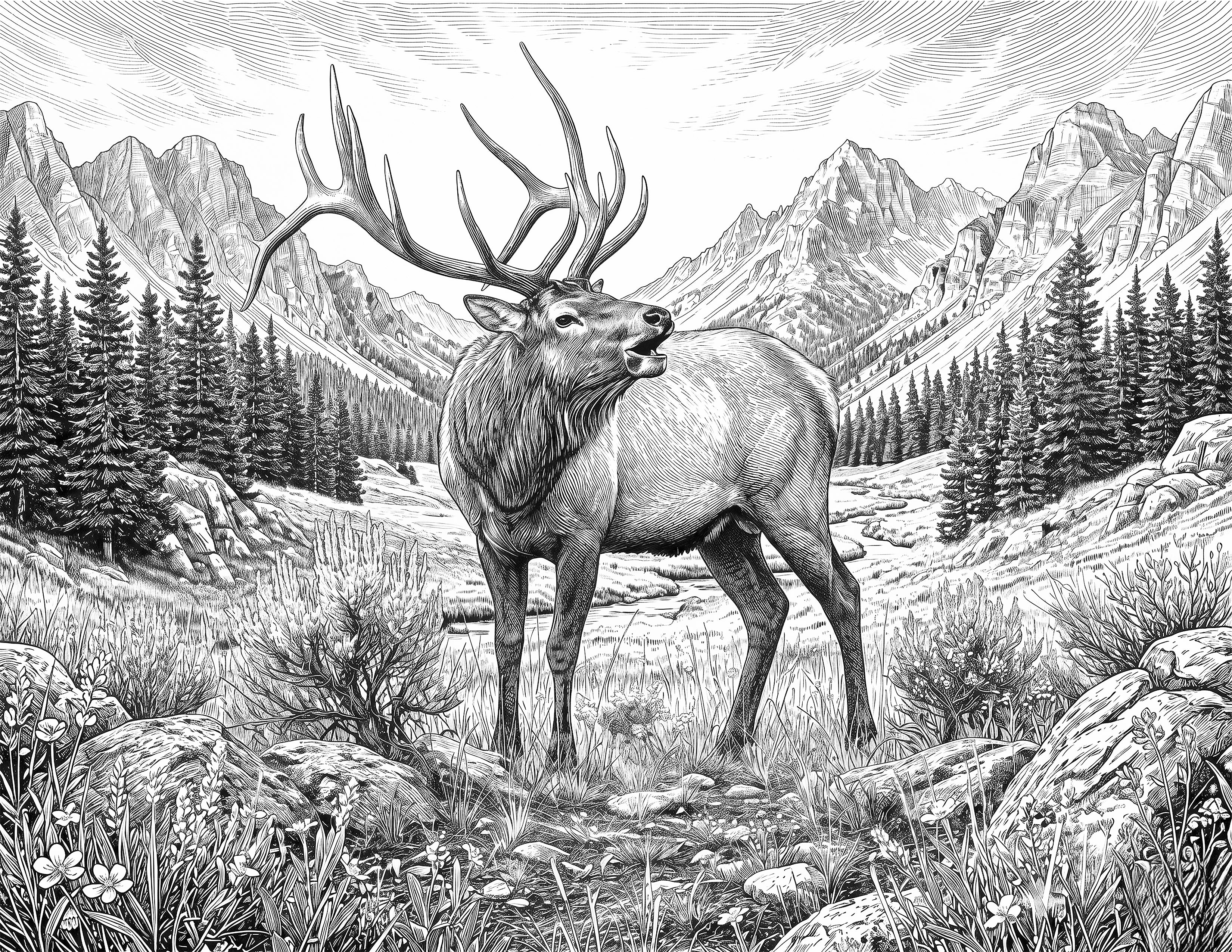Bull Elk Single Coloring Page Instant Digital Download