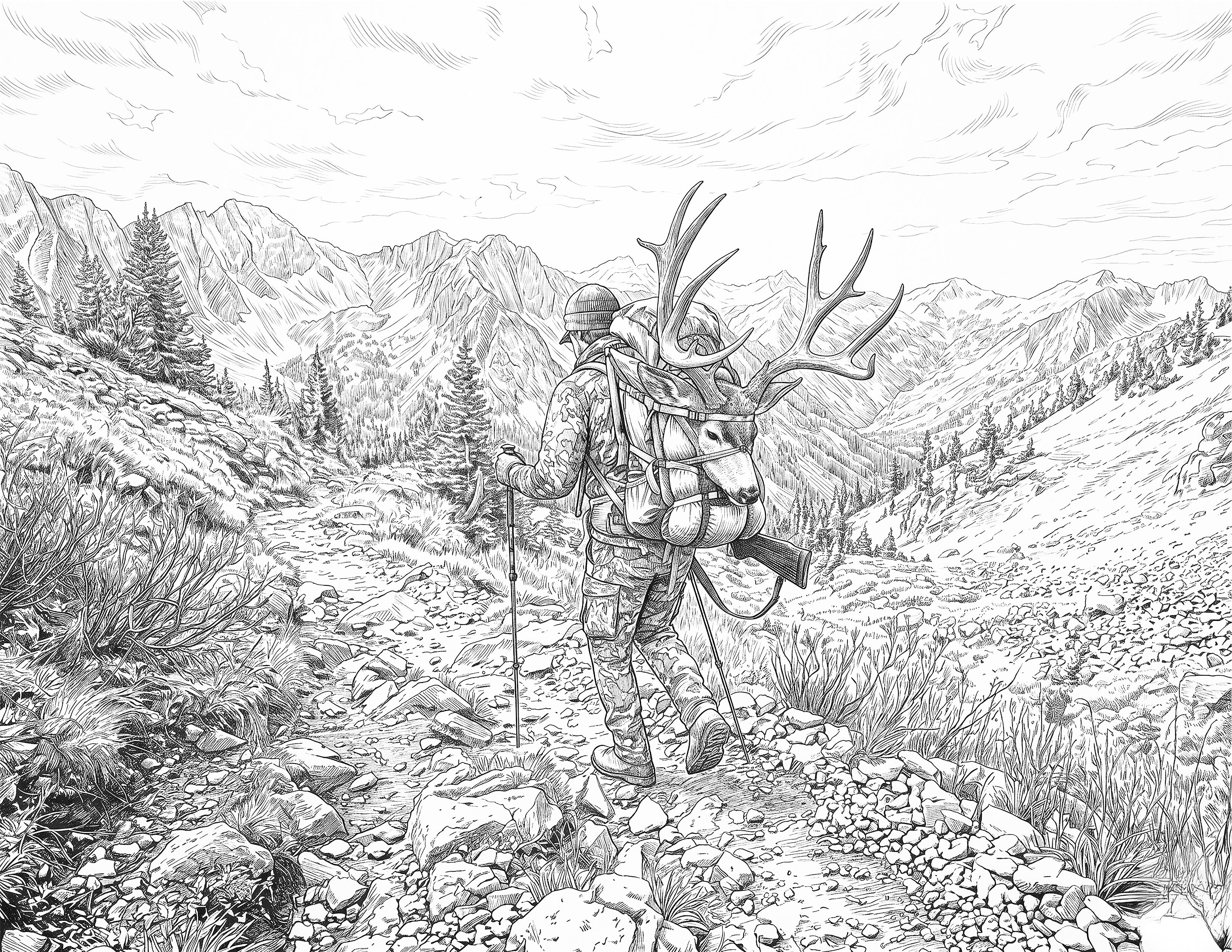 Mule Deer Hunting Single Coloring Page Instant Digital Download