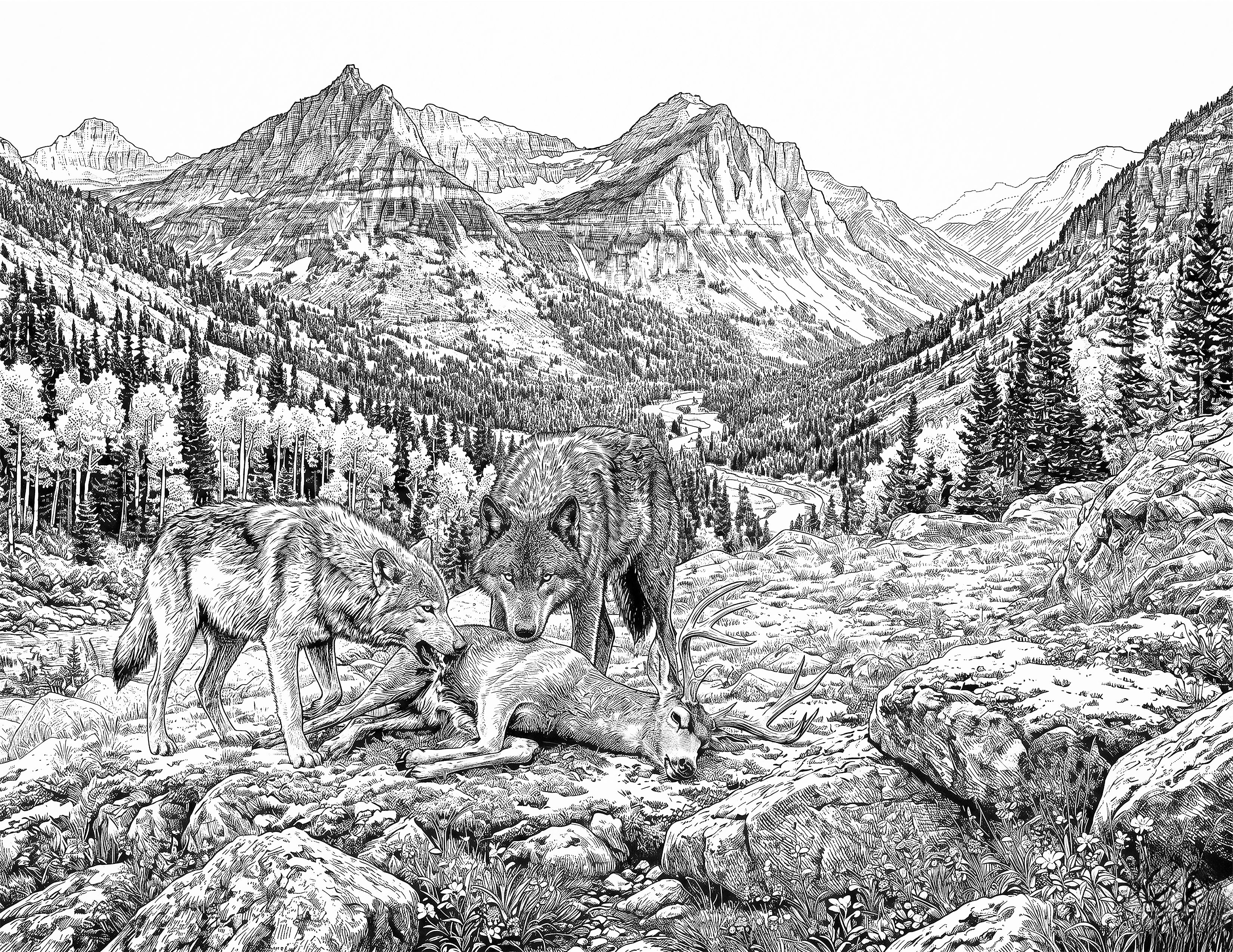 Wolves & Deer Single Coloring Page Instant Digital Download