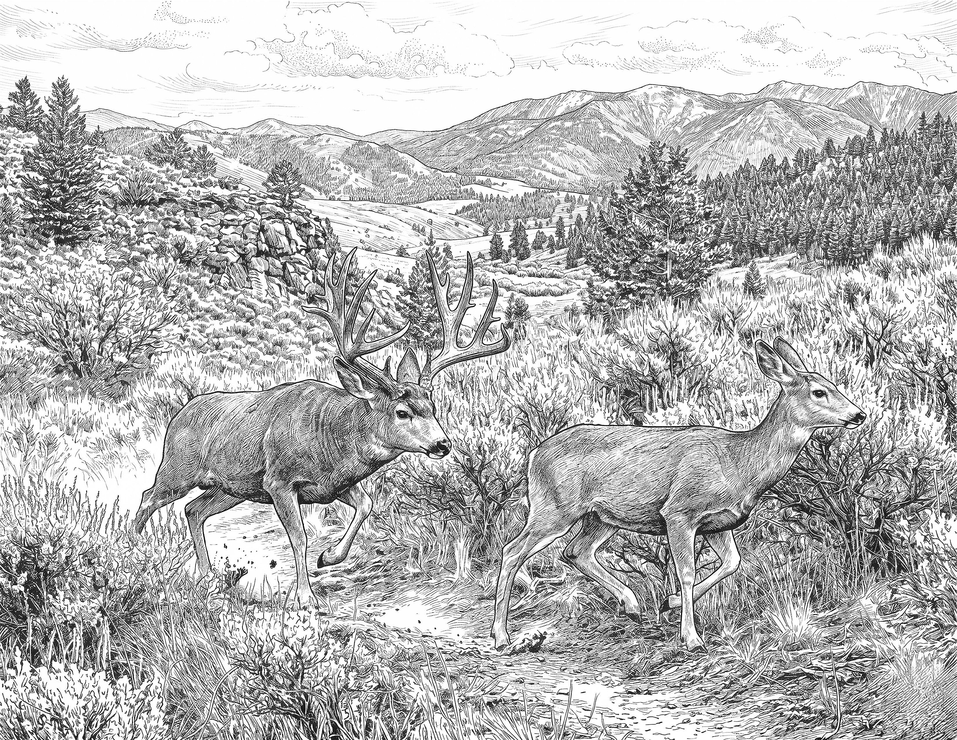 Mule Deer Single Coloring Page Instant Digital Download