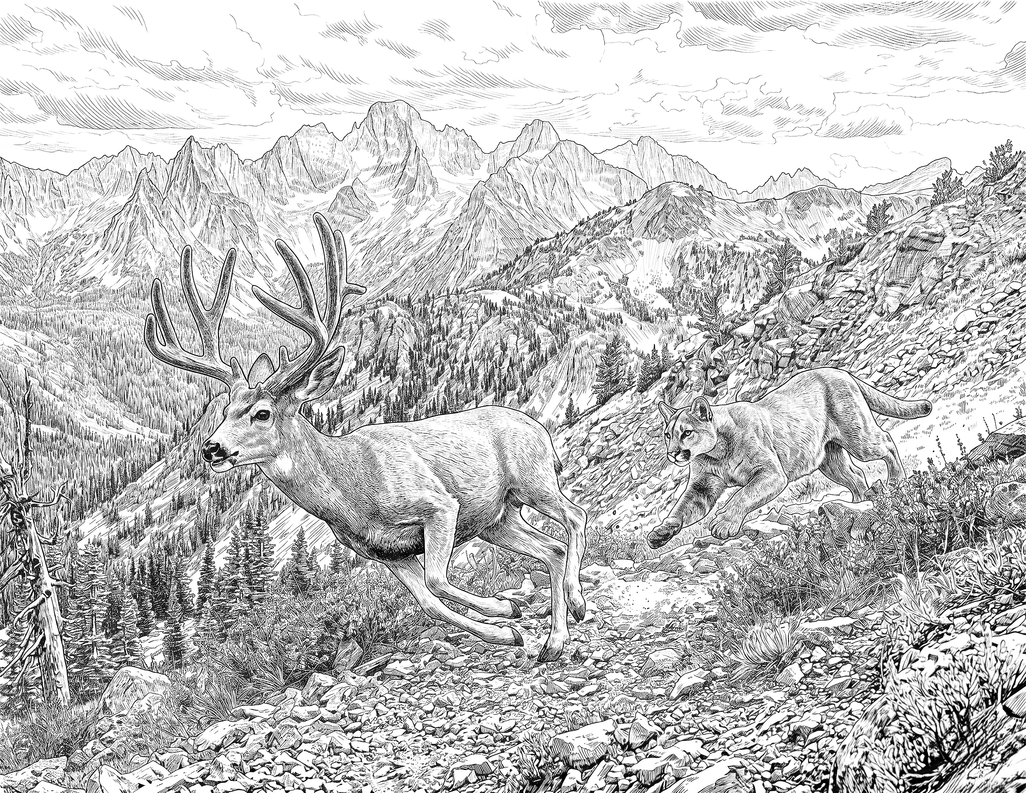 Mountain Lion & Mule Deer Single Coloring Page Instant Digital Download